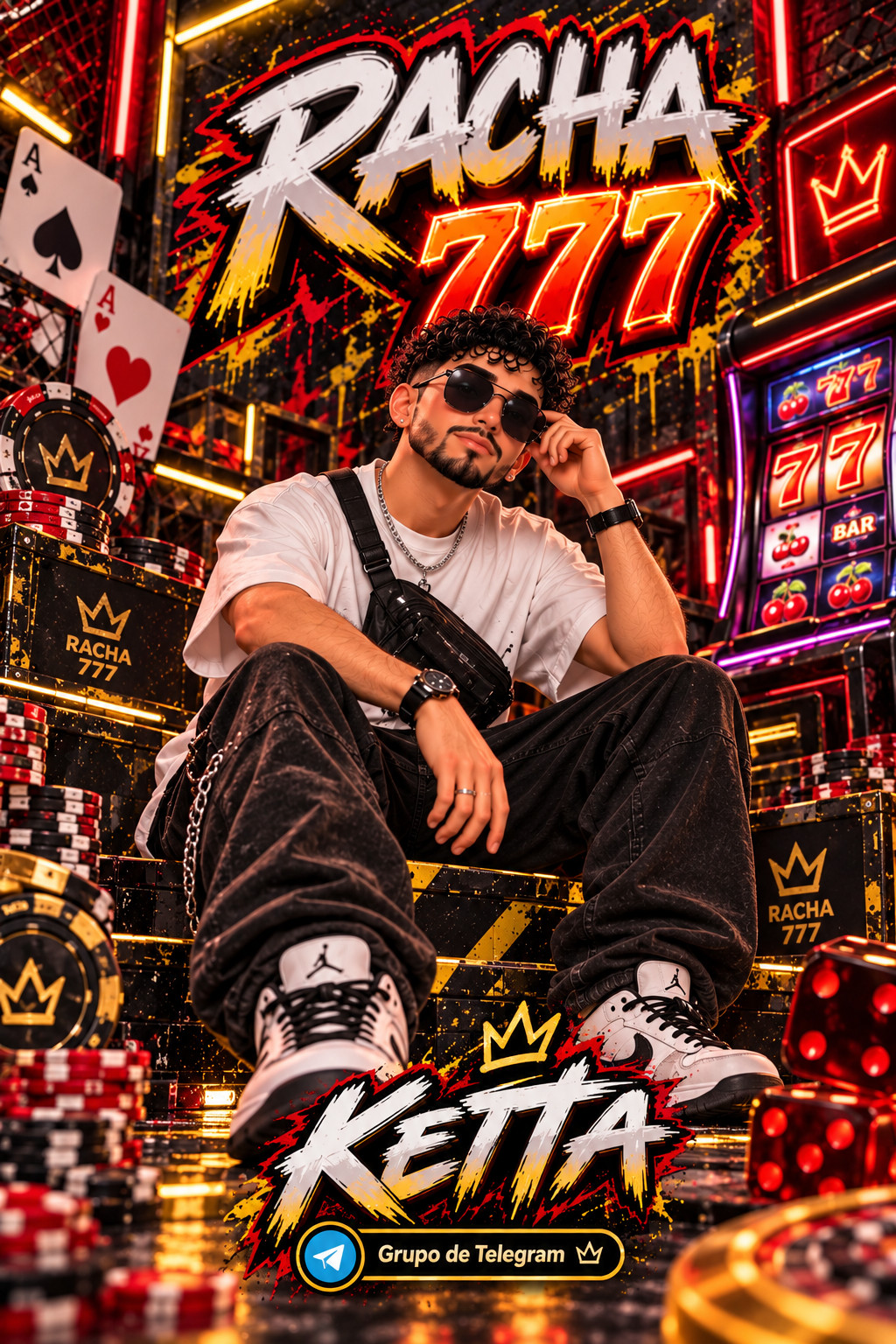 Ketta, personaje original con lentes oscuros de RACHA777, grupo de Telegram