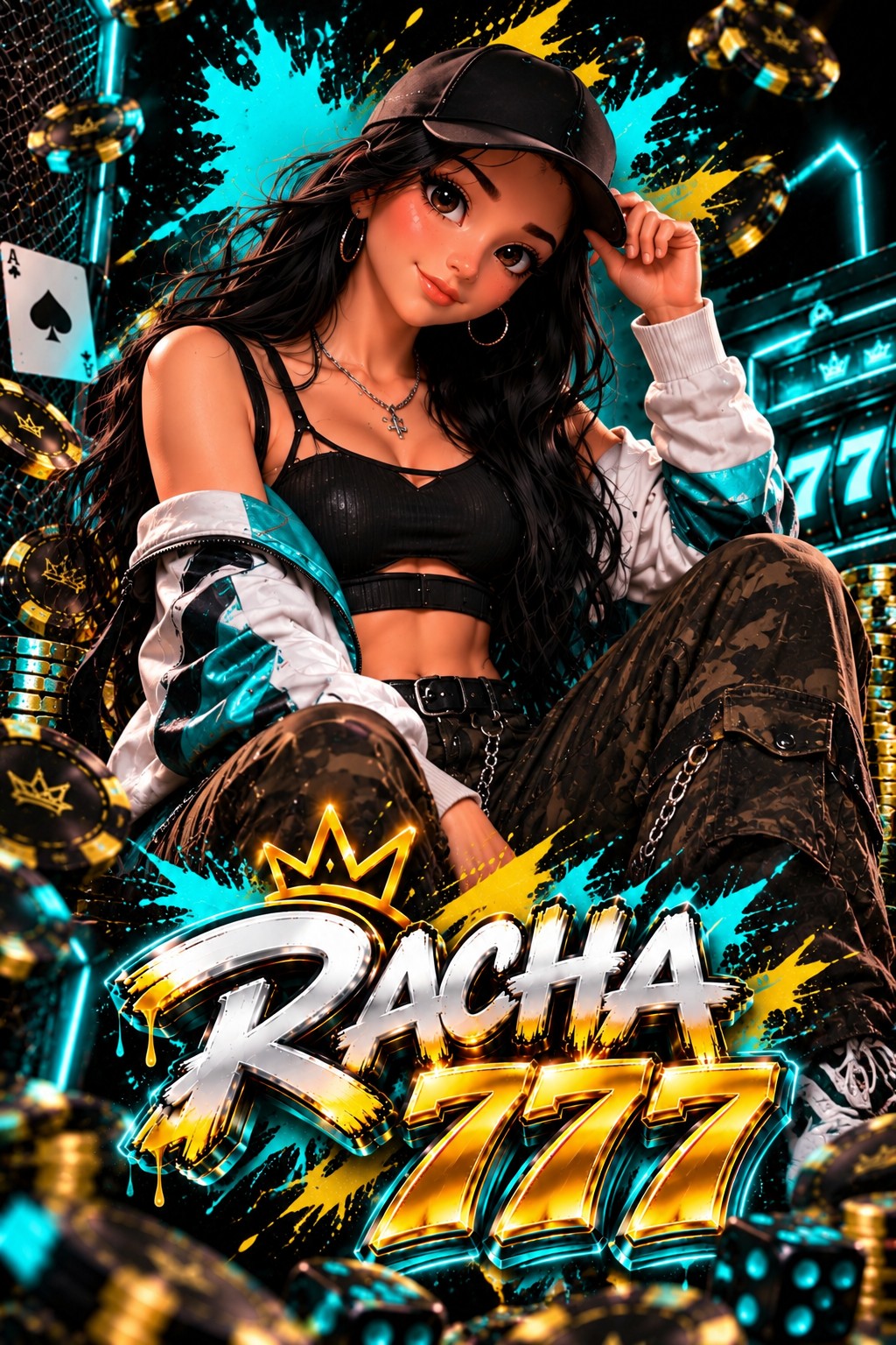 Jessy, personaje original de RACHA777 con gorra negra, chamarra blanca y turquesa